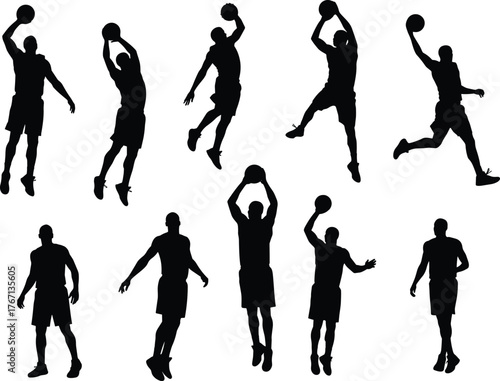 Silhouette collection of basketball players performing jump shots, dunks, and dribbles in dynamic sports action poses for vector illustration design.