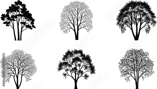 Stylized tree silhouette vector set, black illustration, diverse branching and canopy patterns, botanical forest design, abstract foliage artwork, minimal nature concept elements
