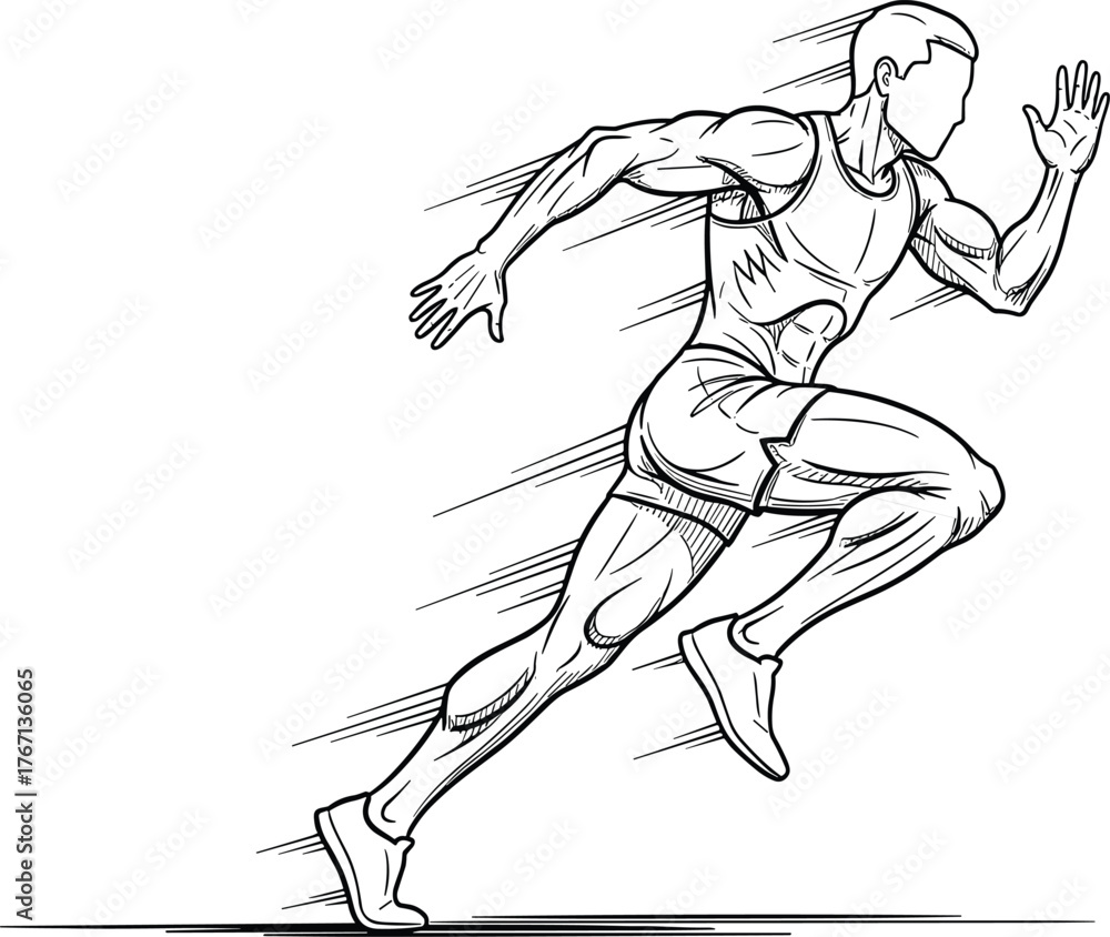 Fototapeta premium Dynamic male sprinter running fast, athletic man sprinting in motion, fitness training, sports performance, speed, determination, competition, endurance, strength