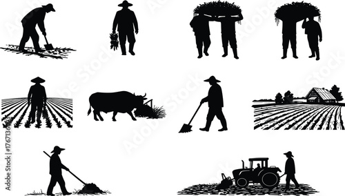 Silhouette collection of farmers working in fields with tools, animals, and tractors showing traditional rural agriculture and countryside lifestyle.
