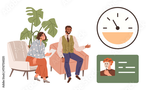 Two professionals discuss a project in a cozy setting with a plant, clock emphasizing time, and an ID card symbolizing identity. Ideal for career advice, time planning, teamwork, and communication as