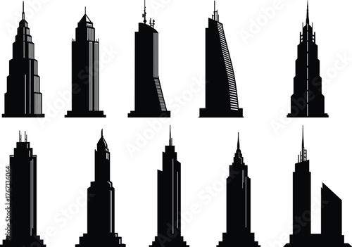 Silhouette collection of iconic skyscrapers with diverse architectural styles, modern city skyline elements, black urban building shapes on white background