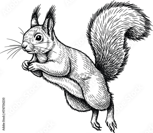 Dynamic squirrel sketch, detailed blue illustration, leaping wildlife drawing, textured fur art, energetic animal motion, realistic rodent artwork, nature-inspired design, artistic engraving