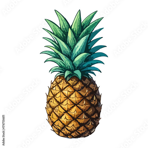 Ripe pineapple with golden skin and lush green crown. Perfect for tropical branding, food packaging, summer themes, healthy lifestyle visuals, or exotic fruit designs.