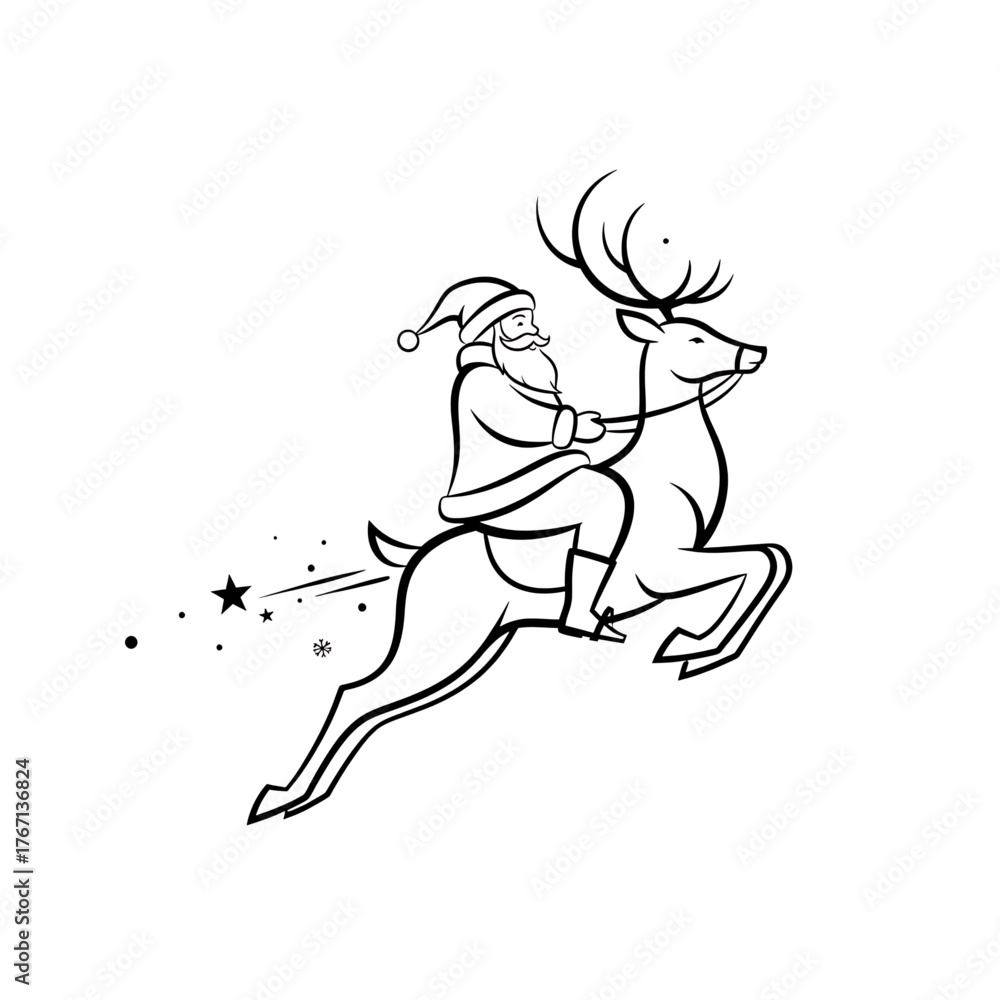 Naklejka premium Black & white Santa riding reindeer, vector illustration
