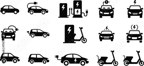 Electric vehicle icons, charging station symbols, eco transport illustrations, sustainable mobility graphics, EV car scooter plug, renewable energy design, clean technology
