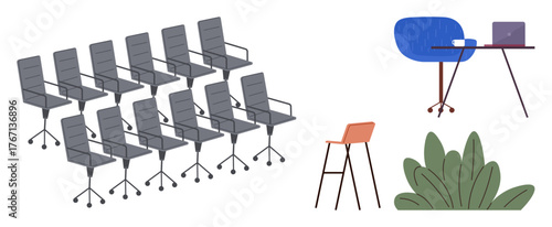 Rows of office chairs, a high chair at a desk with a laptop and mug, and greenery suggesting workspace organization. Ideal for teamwork, meetings, collaboration, efficiency, modern design