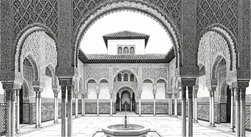 Moorish architecture courtyard minimalist Islamic design vector line art.