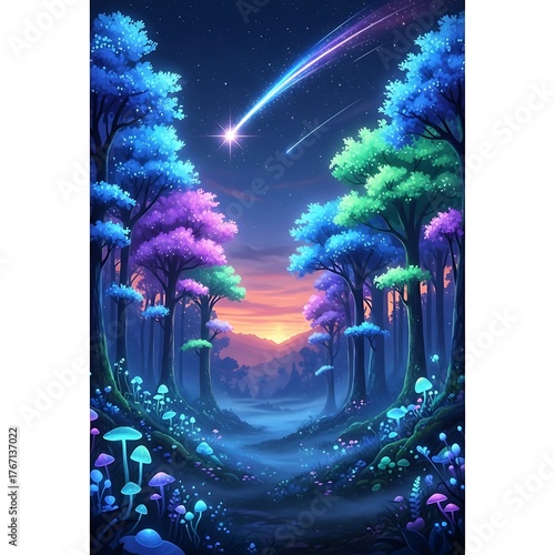 Enchanted Forest Under a Shooting Stars Glimmering Light.
