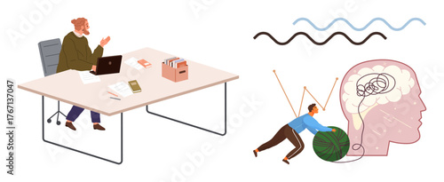 Person working at a desk as another untangles a brains swirling thoughts with rope. Ideal for creativity, productivity, mental health, problem-solving, teamwork, stress management, and mindfulness