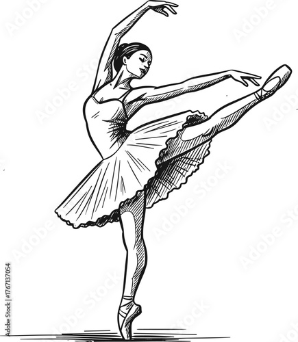 Elegant ballerina sketch, graceful ballet dancer illustration, en pointe pose, tutu costume, classical dance art, blue ink drawing, artistic performance