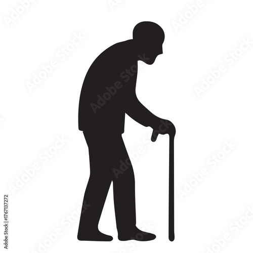 Black and white vector artwork of an elderly man walking slowly with a stick, capturing wisdom, humility, and the enduring grace of life’s long journey.