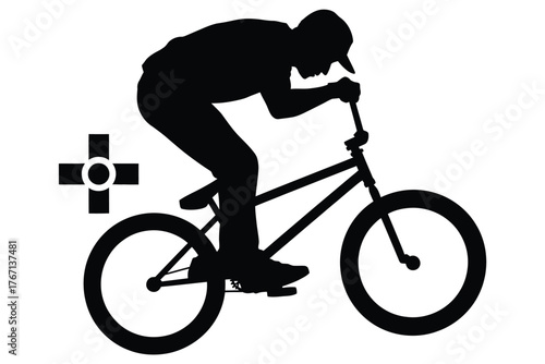 Silhouette of a bmx rider in action with a cross symbol
