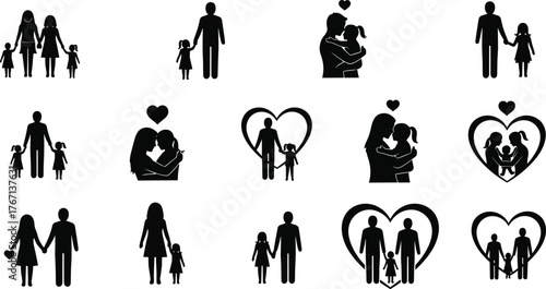 Family love icons, parents with children silhouettes, heart bonding symbols, unity togetherness concept, caring relationships, parenting support, emotional connection, family happiness