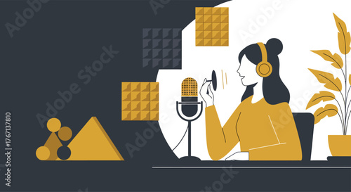 Woman recording podcast in home studio with microphone and headphones, creating engaging audio content in a modern, minimalist style.