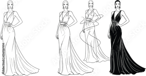 Fashion illustration, elegant gown sketch, designer drawing process, step by step artwork, stylish woman figure, couture dress rendering, creative design concept