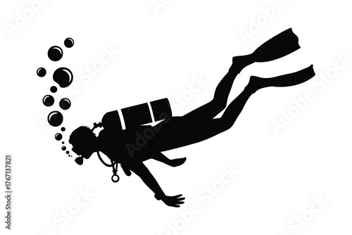 Silhouette of a scuba diver ascending with bubbles