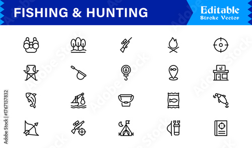 Fishing And Hunting line icon set featuring editable, pixel-perfect symbols. Includes professional, modern, minimal designs crafted for outdoor adventure themes.