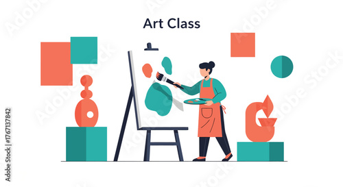 Young artist painting abstract shapes on canvas in art class, expressing creativity and passion through vibrant colors and bold strokes in a modern studio setting.