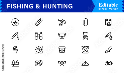 Fishing And Hunting line icon set featuring editable, pixel-perfect symbols. Includes professional, modern, minimal designs crafted for outdoor adventure themes.