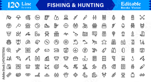 Fishing And Hunting line icon set featuring editable, pixel-perfect symbols. Includes professional, modern, minimal designs crafted for outdoor adventure themes.