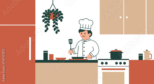 Chef cooking food in the kitchen with a spatula, creating a warm and inviting atmosphere for a delicious meal.