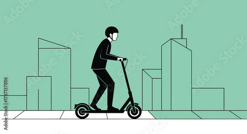 Man rides electric scooter through city streets, enjoying ecofriendly transportation on a bright, modern day.