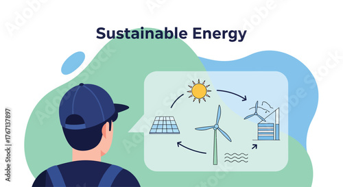 Engineer explaining sustainable energy solutions using solar panels, wind turbines, and water power in a modern presentation, highlighting environmental responsibility.