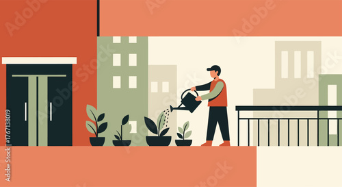 Man watering plants on apartment balcony in urban setting, enjoying the peaceful hobby and bringing nature into city life.