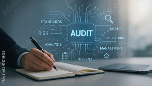 Audit risk analysis standards compliance quality control concept with notebook pen laptop and internal management regulations for corporate review and process improvement