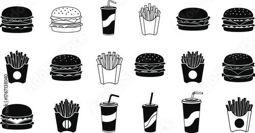 Fast food pattern, hamburger illustration, french fries design, soda cup icon, minimal style, seamless background, junk food art, restaurant branding