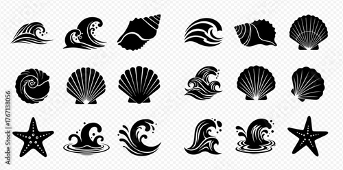 Black and white vector illustration of various sea-themed elements such as waves, shells, and starfish.