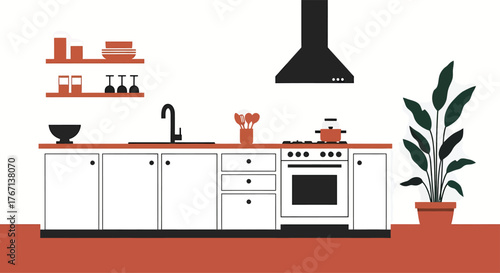 Modern kitchen interior showcasing minimalist design with white cabinets, wooden countertops, and houseplant creating a clean and contemporary atmosphere.