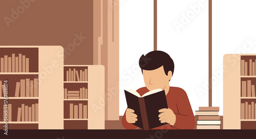 Young man reading a book in a library, surrounded by shelves and natural light, creating a peaceful and intellectual atmosphere.