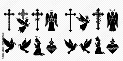 Christian religious symbols including crosses, angels, doves, a praying woman, and a sacred heart.