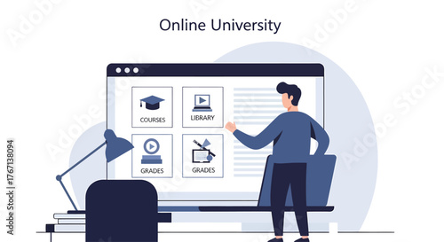 Student interacts with online university interface on laptop, accessing courses and library, representing modern education and digital learning.