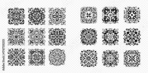 A collection of intricate, symmetrical, square-shaped designs, featuring floral and geometric elements in a monochromatic palette.