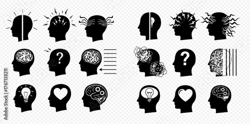 Silhouetted heads with different mental states and processes depicted inside, including creativity, confusion, and organization.