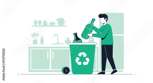 Man throws glass bottles into recycling bin in bright kitchen, promoting environmental awareness and responsible waste management.