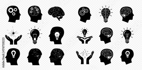 Black and white illustration of human heads with gears, brains, and lightbulbs inside, representing ideas and intelligence.