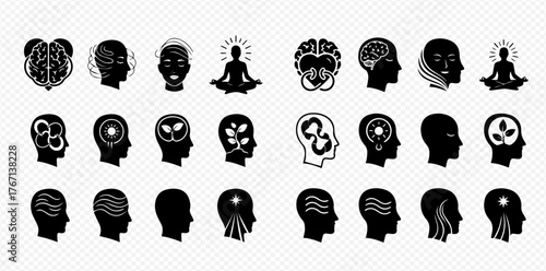 Collection of black and white mental health and mindfulness icons on a transparent background.
