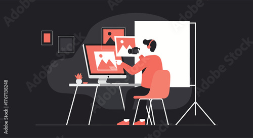 Person editing digital images on computer at desk in studio, showcasing creative workflow and modern workspace, with a focus on art and technology.