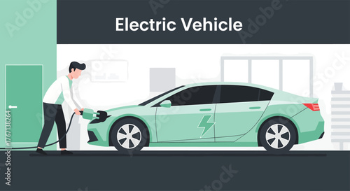 Man charging electric car at home garage with plug in charger, promoting ecofriendly transportation and sustainable lifestyle.
