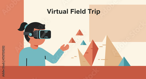 Girl wearing vr headset explores virtual pyramids during educational field trip, experiencing immersive learning and fun.