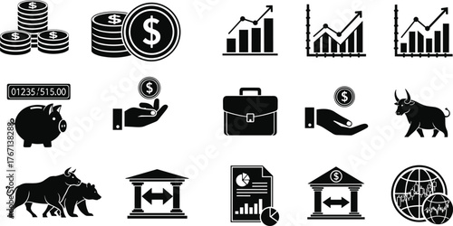 Finance, economy, investment, savings, piggy bank, stock market, bull, bear, banking, global trade, business, money, charts, currency, exchange, portfolio, financial growth, wealth 
