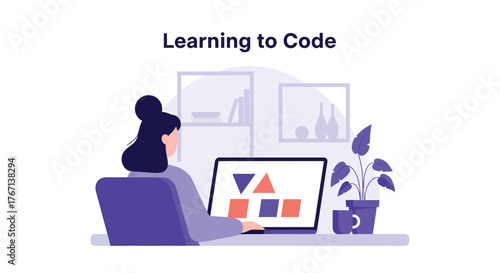 Woman coding on laptop at home, learning programming languages with geometric shapes on screen in a bright, modern workspace, showcasing focus and determination.