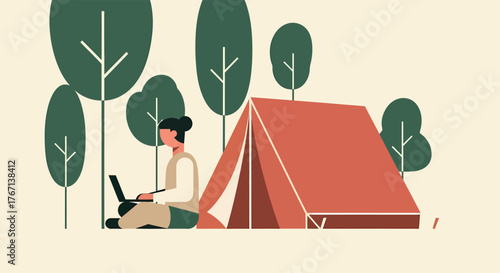 Woman working on laptop sitting outside tent in forest surrounded by trees, enjoying nature and remote work in peaceful, minimalist style.