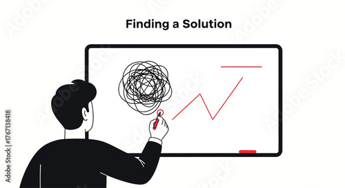 Man drawing a solution path on a whiteboard in a modern office, showing problem solving and business strategy, creating a hopeful and determined atmosphere.