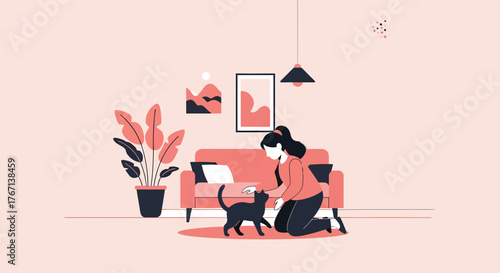 Woman pets black cat in cozy living room with plants and artwork, creating a peaceful and comforting atmosphere at home, filled with love and companionship.