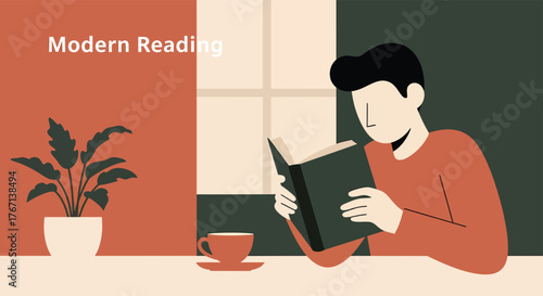 Man reading book by window with coffee and plant in cozy room, enjoying quiet time and relaxation during peaceful afternoon.